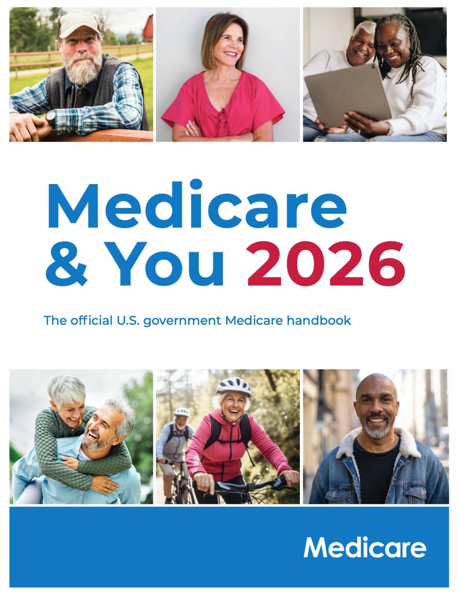 Cover of the "Medicare & You 2026" handbook featuring smiling older adults of diverse backgrounds, some embracing, cycling, or using a laptop, above and below the title text.